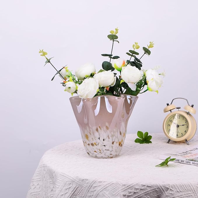 DOVDOV Hand Blown Pink Glass vase, Wave Wide Mouth vase Decoration, Unique Glass vase for Dining Room Table Centerpiece, Living Room TV Stand Decoration, Room Decoration and Office Decoration Flowers