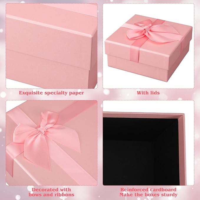 Tenceur 10 Pcs Gift Boxes with Lids Heavy Duty Nested Assorted Sizes Cardboard Gift Boxes for Presents with Ribbon for Xmas Holiday Present(Pink,5 Size)
