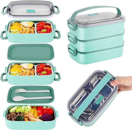 Bento Lunch Box for Kids Women Men, 47oz 2-Compartment Salad Metal Food Prep Pack Container for Lunch, Stainless Steel 3 Layers Stackable Lunch Containers with Lids for Adults and Teens Light Green