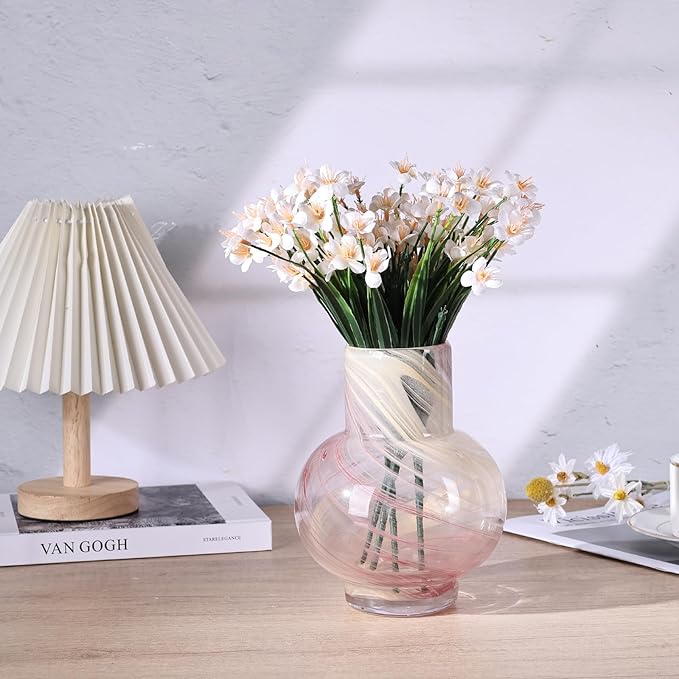 Pink Hand Blown Glass Wide Mouth vase for Home Decoration Short Round Glass vase for Living Room, Dining Table, Bookcase, TV Cabinet, Bookshelf and Office Desktop Decoration.