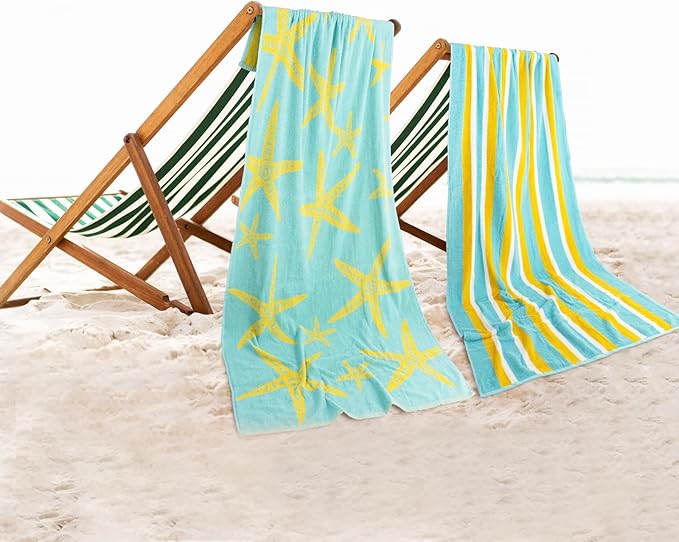 CASA COPENHAGEN Miami Bath Towels Designed in Denmark Rough and Tough, Quick Dry, for Pool, Bath & Shower 30"x60", 2 Pieces Cotton Beach Towels Set - Star Fish Teal + Yellow Stripe