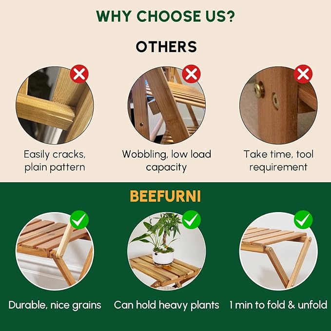 BEEFURNI Acacia Plant Stand Indoor Corner, Wooden Outdoor 4 Tier Corner Planter Stand, Foldable Shelf Display, Tall Plant Bench for Succulent, Easy Assembly, Window Decor, 1-year Manufacturer Warranty