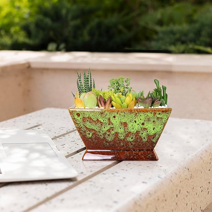 ARTKETTY Succulent Pots - 7 Inch Large Plant Pot with Drainage, Shallow Bonsai Pots Ceramic Succulent Planters for Indoor Outdoor Plants, Modern Cactus Pot Decorative Home Office