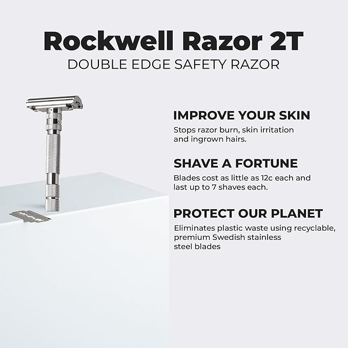 Rockwell Razors T2 Adjustable Safety Razor in White Chrome. Infinite Shave Settings for all Skin Types. Twist-To-Open Mechanism. Includes 5 Fully Recyclable Razor Blades. Built to Last a Lifetime.