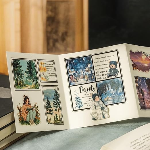 Moonlit PET Tape Set, 6Rolls Pre-Cut Night Scenery Stickers for Scrapbooking & Journaling, Includes Clip, Large Size, Ideal for Collage, DIY Crafts