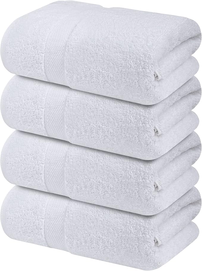 Infinitee Xclusives Luxury 100% Ring-Spun Cotton White Bath Towels Set of 4 (27x54 inches) – Soft, Absorbent & Quick-Drying Towels for Bathroom, Gym, Spa & Hotel Use (Brilliant White, Bath Towels)