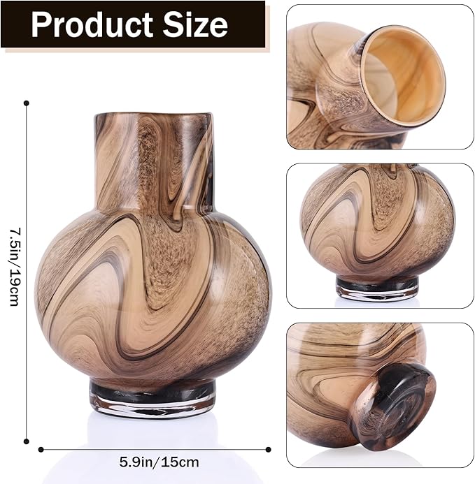 Gray Hand Blown Glass Wide Mouth vase for Home Decoration Short Round Glass vase for Living Room, Dining Table, Bookcase, TV Cabinet, Bookshelf and Office Desktop Decoration.