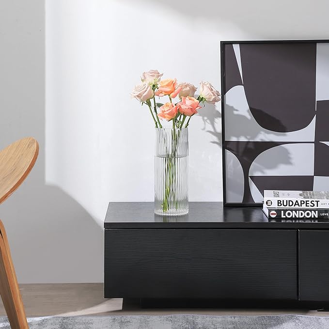 Clear Glass Vase, Glass Flower Vase, Ribbed Glass Vase, Clear Vase, Tall Cylinder Glass Vases for Centerpieces, Living Room, Dining Table, Office, Wedding, Bookshelf Decoration, 9.8 Inches