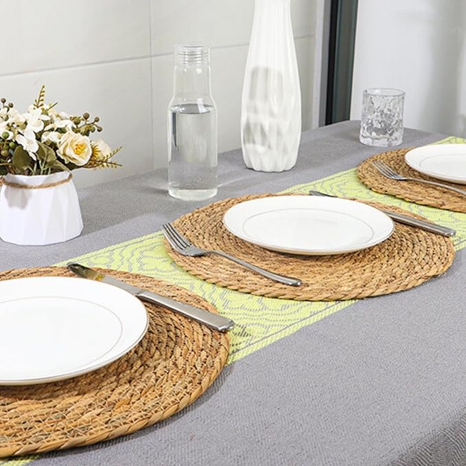 Round Woven Placemats Set of 4, 12" Boho Rattan Chargers for Dinner Plates, Natural Farmhouse Weave Place Mats, Rustic Braided Wicker Table Mats for Dining Table, Home, Outdoor