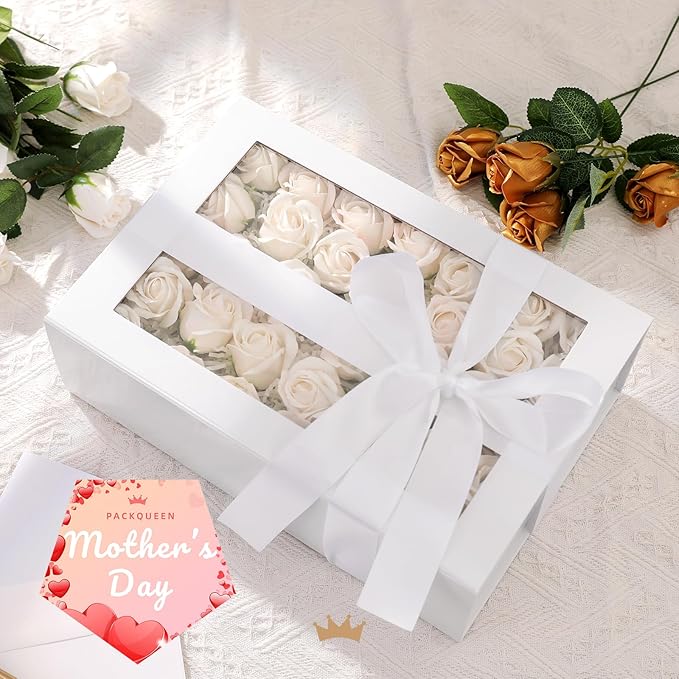 PACKQUEEN 5 Large White Gift Boxes with Windows, 13.5x9x4.1 Inches Clear Gift Boxes for Presents Contain Ribbons, Cards, Bridesmaid Proposal Boxes, Boxes with Magnetic Lids (Glossy White)