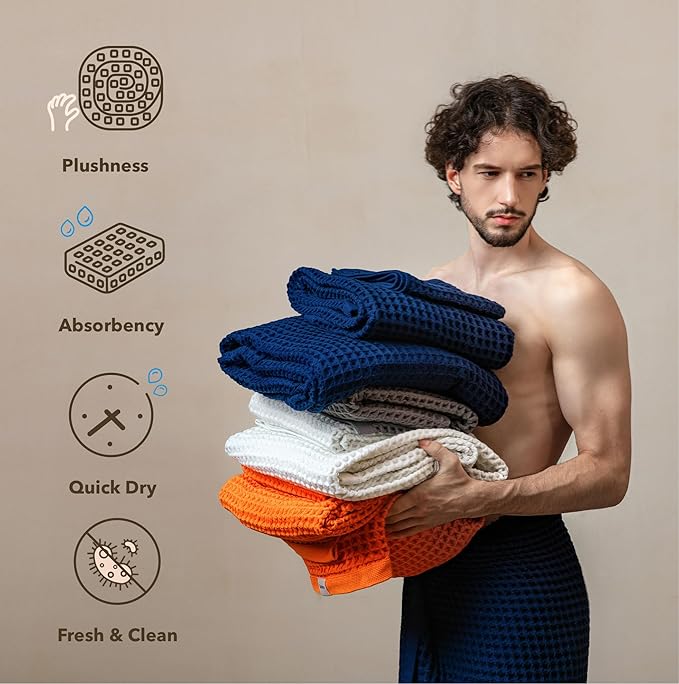 Luxury Japanese Cotton Waffle Bath Towel | Plush, Absorbent, and Quick Dry | Free Storage Bag Included (Ocean Blue, Bath Towel (Set of 2))