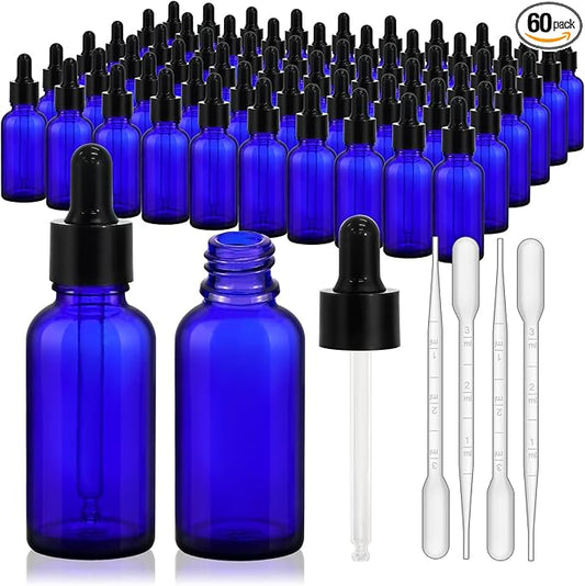 KEYWING 60 Pack 1oz Eye Dropper Bottles – 30ml Leakproof Blue Glass Bottles for Essential Oils, Tinctures, Hair Oil, Travel Liquids