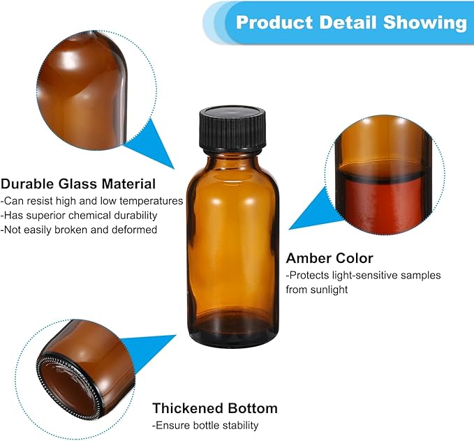 PATIKIL 1oz(30ml) Glass Sample Bottles, 24Pcs Round Bottle Dispensing Bottles with Black Poly Cone Cap for Reagent Liquids, Essential Oils, Perfume, Amber