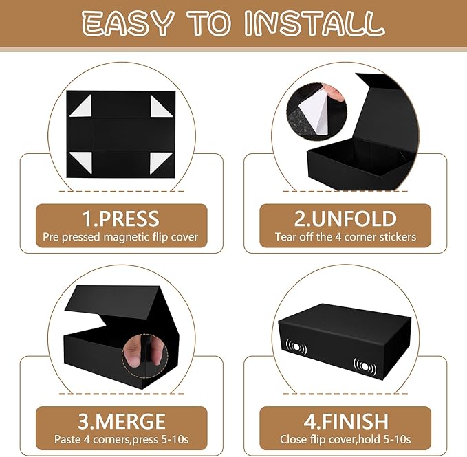 RayofSun Black Gift Boxes with Magnetic Lids for Presents Large Rectangle Collapsible Decorative Boxes 13.7x9x4.3inch, Bridesmaid Groomsmen Proposal Box for Wedding, Christmas, Birthday(1PC)