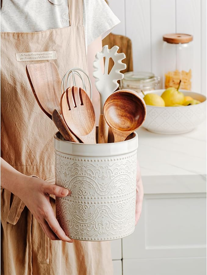 Kitchen Utensil Holder, 7 Inches Large Ceramic Utensil Holder for Countertop, Lace Emboss Cooking Utensil Crocks for Kitchen, Home Decor, Off-White