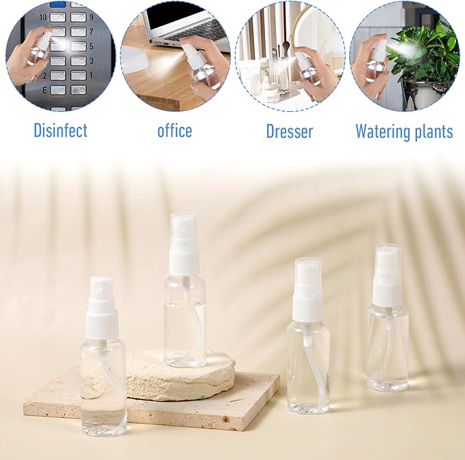 90PCS Small Travel Spray Bottle Bulk 1oz/30ml Clear Fine Mist Spray Bottles Plastic Refillable Mini Empty Bottles for Toiletries Perfume Plant Care Home Cleaning