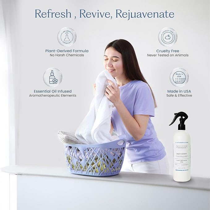 FIELD FLEUR Blue Seaside Linen & Room Spray 15.5 oz - Aromatic & Refreshing Bedding & Fabric Mist - Air Freshener for Clothes & Sofas - Notes of Citrus, Oceanic Breeze & Sugary Coconut -Made in USA