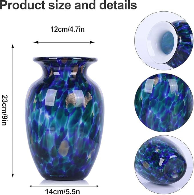 9" Cobalt Blue Blown Glass Vase – Hand Blown Wide Mouth Glass Art Sculpture, Coastal Sea Glass Decor Centerpiece, Unique Nautical Vase for Flowers, Bookshelf, Dining Room or Entryway (Blue)