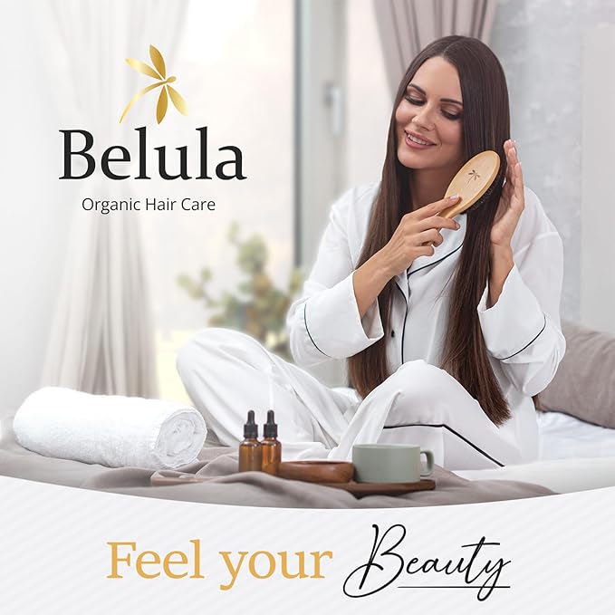 100% Boar Bristle Hair Brush for Women Set by Belula (L Size). Soft Natural Bristles for Thin and Fine Hair. Wooden Comb, Travel Bag and Spa Headband Included!