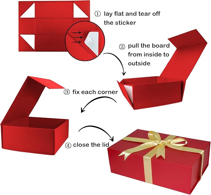 YINUOYOUJIA Large Red Gift Boxes with Lid,14"x9"x4.5" Magnetic Gift Box with Ribbon,Cards and Envelopes for Presents,Great for Wedding,Birthdays,Crafting,Gift Packaging.