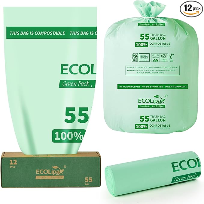 ECOLipak 55 Gallon Compostable Trash Garbage Bags, 12 Count (1 Roll) Biodegradable Heavy Duty Large Outdoor Trash Bags for Lawn/Yard, US BPI ASTM D6400 and OK Compost Home Certified