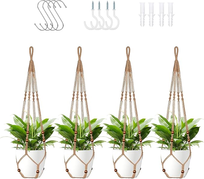 Jute Macrame Plant Hanger Indoor Set of 4 Hanging Planter Basket Flower Pot Holder with Decorative Wood Beads & No Tassels for Indoor Outdoor Boho Home Decor, 35 Inch Brown (Pots Not Included)