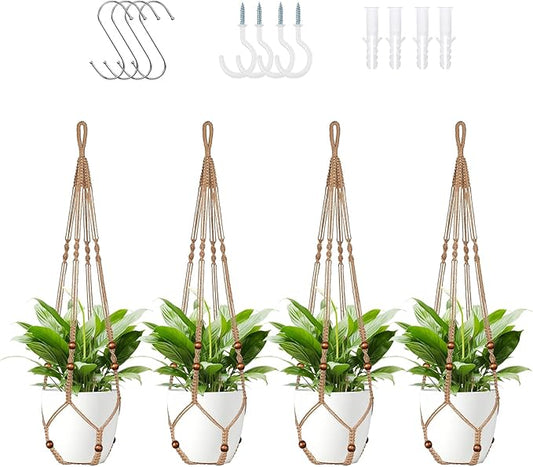 Jute Macrame Plant Hanger Indoor Set of 4 Hanging Planter Basket Flower Pot Holder with Decorative Wood Beads & No Tassels for Indoor Outdoor Boho Home Decor, 35 Inch Brown (Pots Not Included)