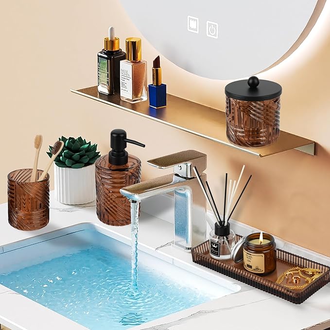 Bathroom Accessories Set,4 Pcs Amber Glass Bathroom Accessories Sets Complete with Lotion Soap Dispenser,Toothbrush Holder,Qtip Holder Dispenser and Vanity Tray,Bathroom Countertop Vanity Organizer