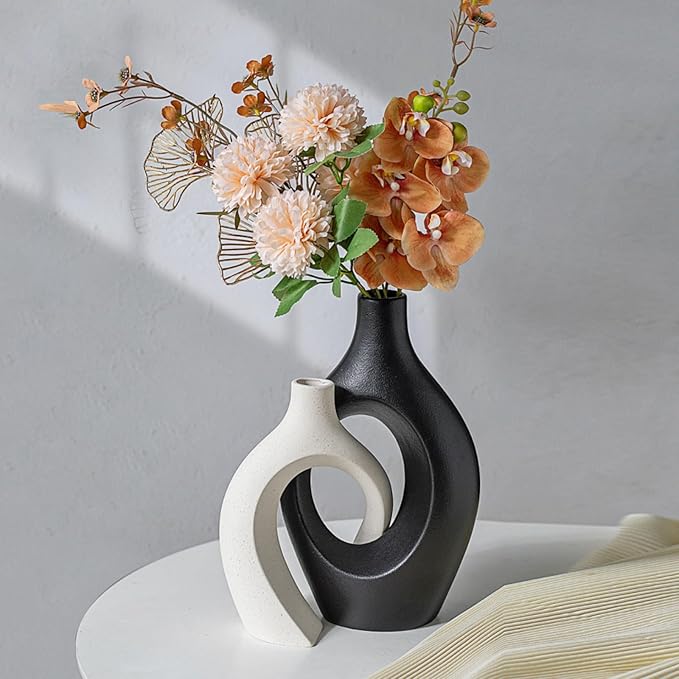 XL Black and Beige Snuggle Hollow Ceramic Vase of 2 for Coffee Table Decor, Modern Minimalist Aesthetic Donut Floral Vases, for Home Living Room Entryway Table Shelves Decorative (W 6.8" X H 11")
