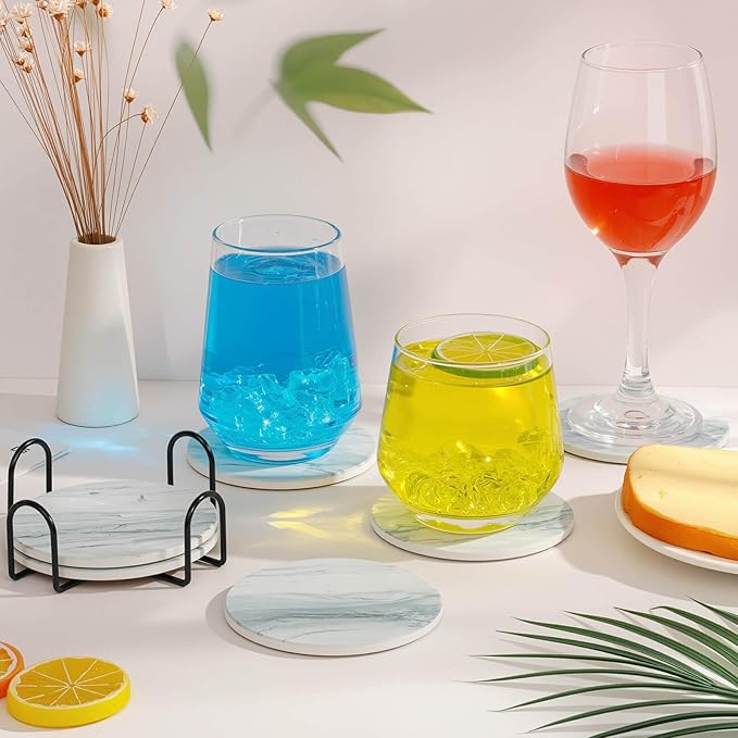 Acejoz Drink Coasters with Holder for Coffee Table, Absorbent Coasters Set of 6, Marble Style Ceramic Coaster for Wooden Table, Suitable for Kinds of Cups, Home Decor, 4 Inches(Blue)