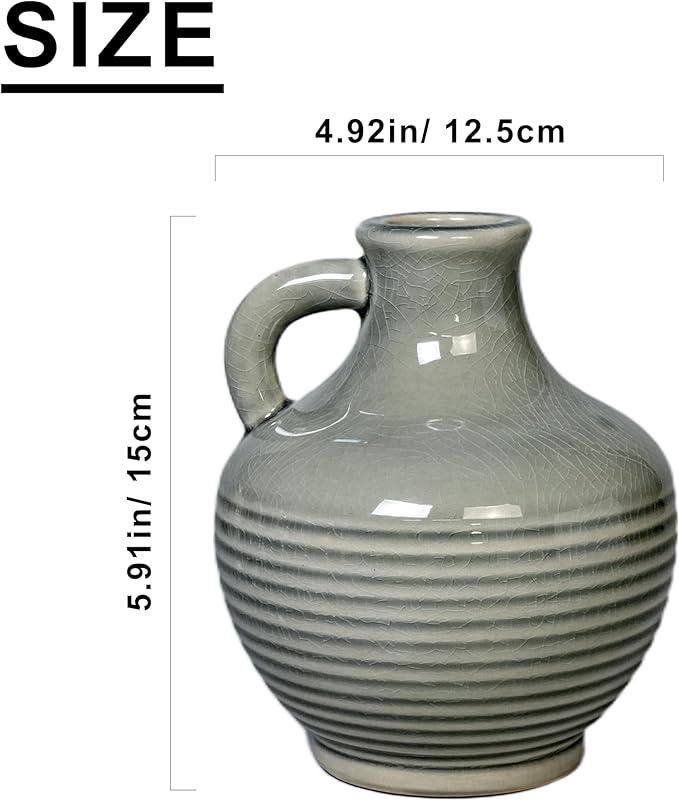 Sunddo Gray Ceramic Flower Vase， 6 Inch Small Modern Boho Vase for Home Decor, Decorative Vases with Handle, Neutral Accent for Minimalist, Table, Living Room, Bathroom, Shelf, Mantel Decor