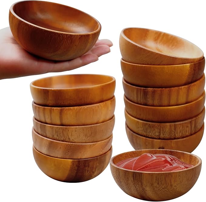 12 Pcs Acacia Wooden Bowls,Hand Carved Small Calabash Bowls, Round Wood Salad Dip Tray for Serving Popcorn, Pasta, Candy, Cereal, Coconut, Nuts, Sauce, Appetizers in Kitchen (4 Inch)