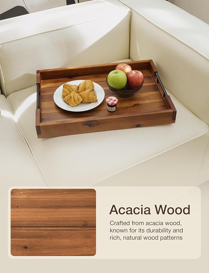 20 Inch Acacia Wood Ottoman Tray for Living Room - Coffee Table Trays, Serving Tray with Handles for Ottoman Table, Decorative Trays for Home Decor, Charcuterie Boards (Acacia Color)