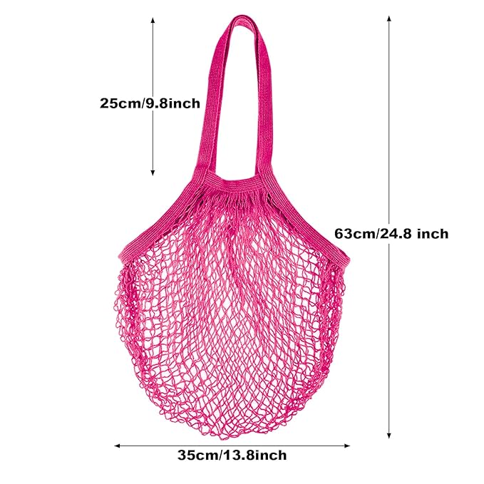 Zyzhogar 3 Pack Cotton Mesh Grocery Bags,Reusable Grocery Net Bags Washable Fruit and Vegetable Storage Bag Long Handle Net Tote Shopping Bags for Farmers Market, Grocery,Shoping or Trip,Hot Pink