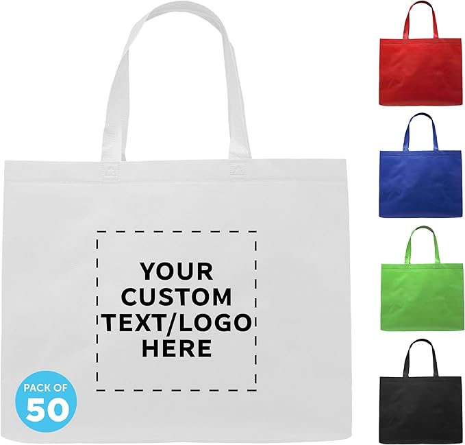 DISCOUNT PROMOS Custom Jumbo Sized Tote Bags Set of 50, Personalized Bulk Pack - Reusable Grocery Bags, Shopping Bags, Promotional Item Totes for Women - White