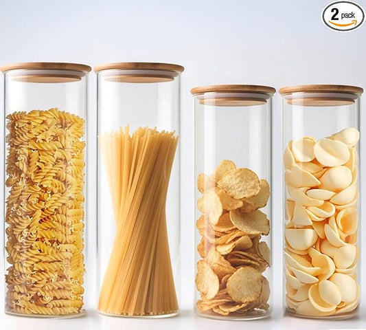 66 oz Glass Food Storage Jars with Airtight Lids, Tall Clear Glass Jar with Bamboo Lid, Airtight Food Canister for Pasta, Candy, Coffee, Sugar, Cookie, Snack. (Round | 10+11 Inch) x2