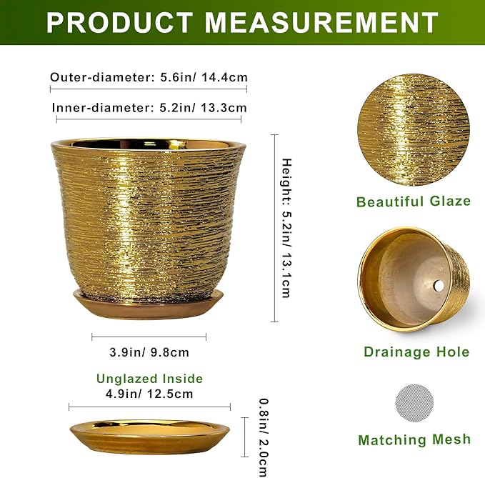 5.6 Inch Plant Pot - Ceramic Planter for Indoor Outdoor, Round Succulent Orchid Pot with Drainage Hole and Plant Saucer, Modern Decorative Planters, Living Room Decor, Gifts for Women, Gold