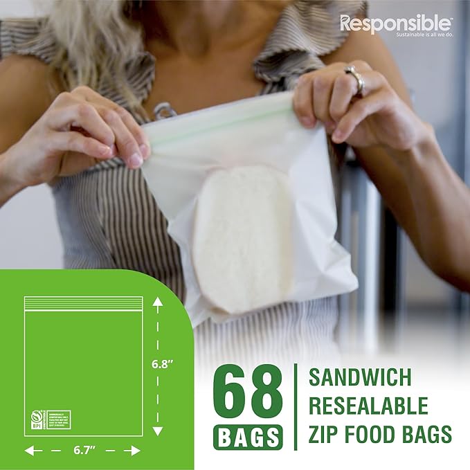 Responsible Products Certified Compostable SANDWICH Resealable Zip Bag, Extra Strength Food Bags, Plant-Based Freezer-Safe (68 Pack)