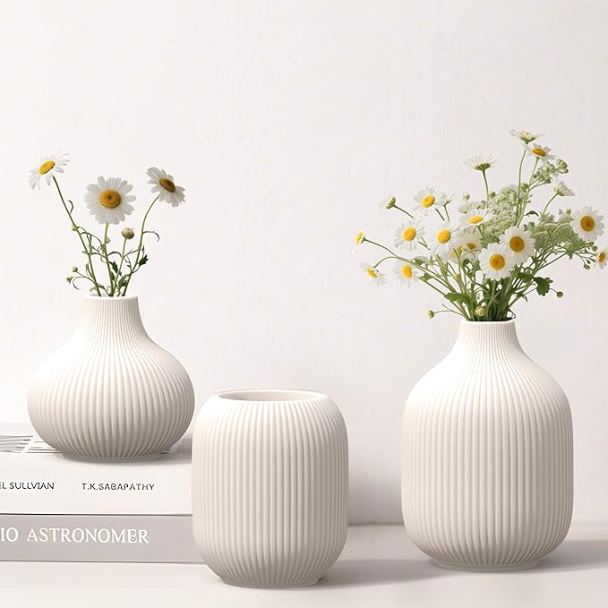 White Ceramic Vases Set of 3, Modern Minimalist Ribbed Vases for Centerpiece, Home Office Shelf Decor, Farmhouse Kitchen Bathroom Bedroom Living Room Decor