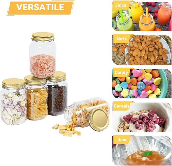 novelinks 16 oz Clear Plastic Jars with Screw-On Lids - BPA-Free Refillable Storage Containers for Slime, Food, Crafts, Kitchen & Household Use (24 Pack,Gold)