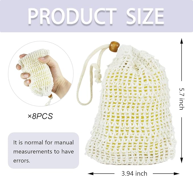 8 PCS Beige Soap Saver Bag Natural Sisal Soap Bag Pouch for Foaming and Drying Soap Holder for Shower Exfoliating Mesh Soap Bag