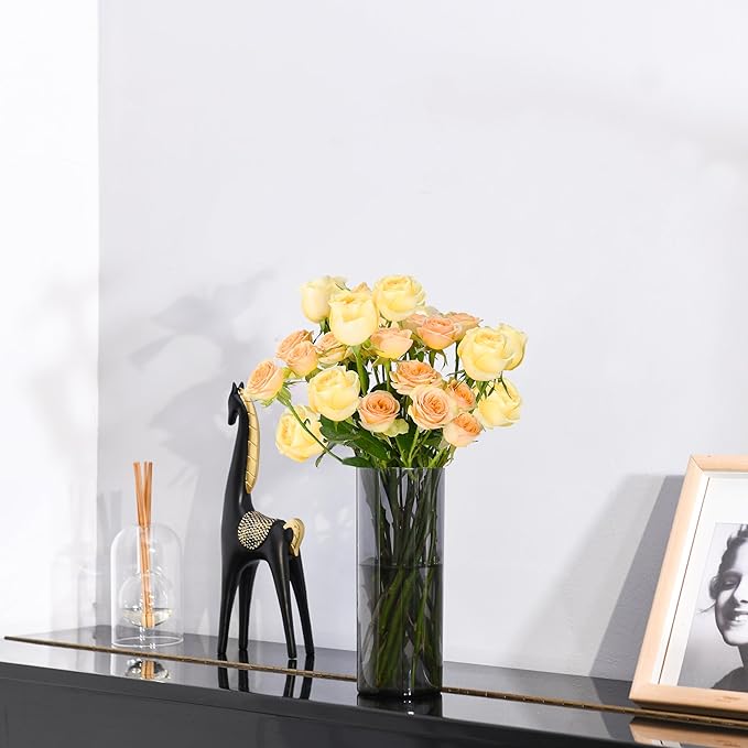 Flower Vase, Non-breakable Vases, 8" W x 8" H, Acrylic Grey Vase, Aesthetic Room Decor Cylindrical Modern Flower Vases for Table Centerpiece, Home Decor, Women Floral Arrangement Gift