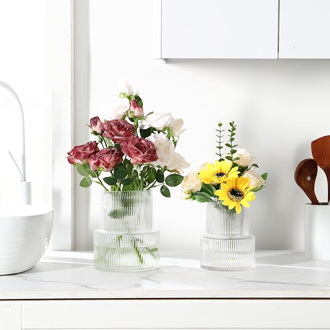 Ribbed Glass Vases for Bouquet, Set of 2 Fluted Vases for Flowers, Clear Vase for Tulips, Modern Glass Vase for Living Room, Office, Coffe Table, Dining Table, Shelf, Wedding