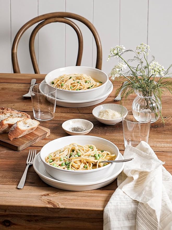 LE TAUCI Dishes Set with Pasta Bowls for 4, Stoneware Dinnerware Set, 10" Dinner & 8" Salad Plates, 6" Bowls, 8.5" Pasta (30 oz), Stackable, Microwave & Dishwasher Safe Ceramic, 16-Piece, White