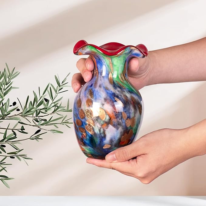 KAMMAK Colored Glass Vase, Beautiful Hand Blown Decorative Vase, Modern Art Vase for Flower Mantle Dining Table Centerpiece, Entryway Living Room Wedding Decoration, FH018