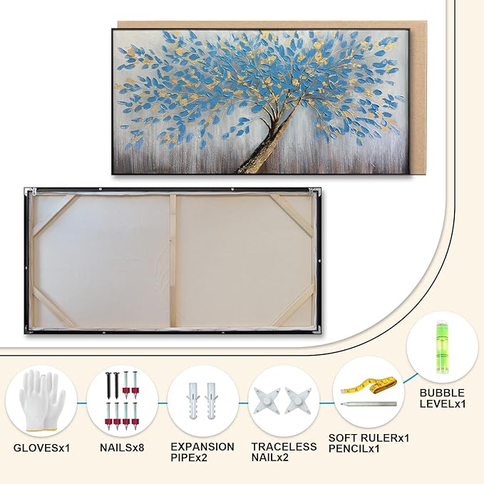 Blue Tree of Life Canvas Wall Art, Modern Abstract Textured Painting, Large Wall Art Framed Panoramic Landscape Artwork for Living Room, Bedroom, Office, Home Decor 40"x20"