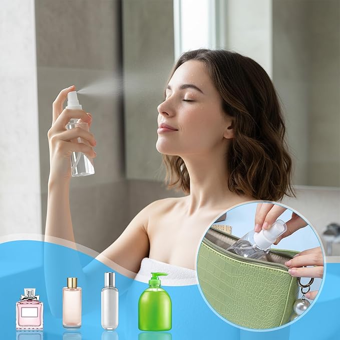 4Pcs Small Spray Bottle, Travel Spray Bottle, Clear Empty Mini Travel Plastic Bottles Fine Mist, Refillable Containers Perfume Travels Bottles for Perfumes and Cosmetics