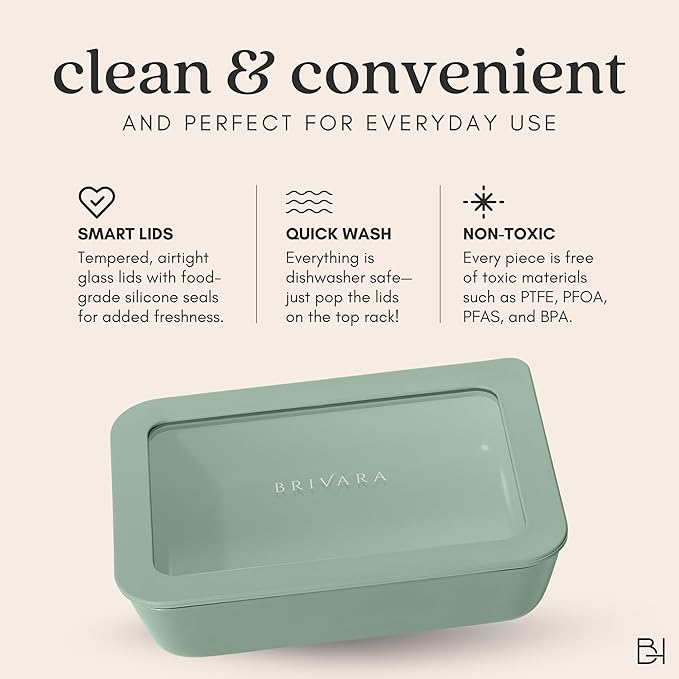 Ceramic Coated Glass Food Storage Containers | No PTFE, PFOA, PFAS, and BPA | Reusable Non Toxic Meal Prep Containers with Glass Lids | Easy To Store | 10 Piece Set [Willow]