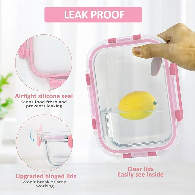 M MCIRCO [10-Pack Meal Prep Containers with Snap Locking Lids, Glass Airtight Lunch, Food Storage Containers, Microwave, Oven, Freezer and Dishwasher Friendly, Pink