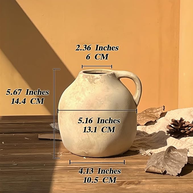Ceramic Rustic Vase with Handle, Beige Vintage Pottery Flower Vase, Rustic Farmhouse Home Decor for Living Room, Kitchen, Thanksgiving Centerpieces, 5.6 Inch